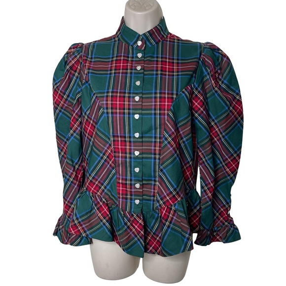 BURU plaid puff sleeve heart buttons - S - Picture 2 of 10